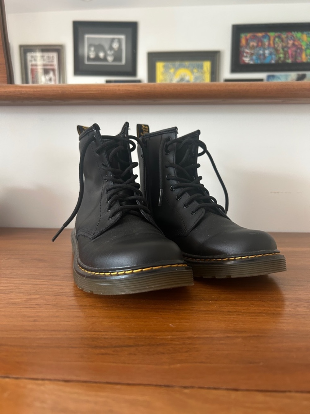 Dr. Martens Black Leather Lace-Up Ankle Boots with Yellow Stitching